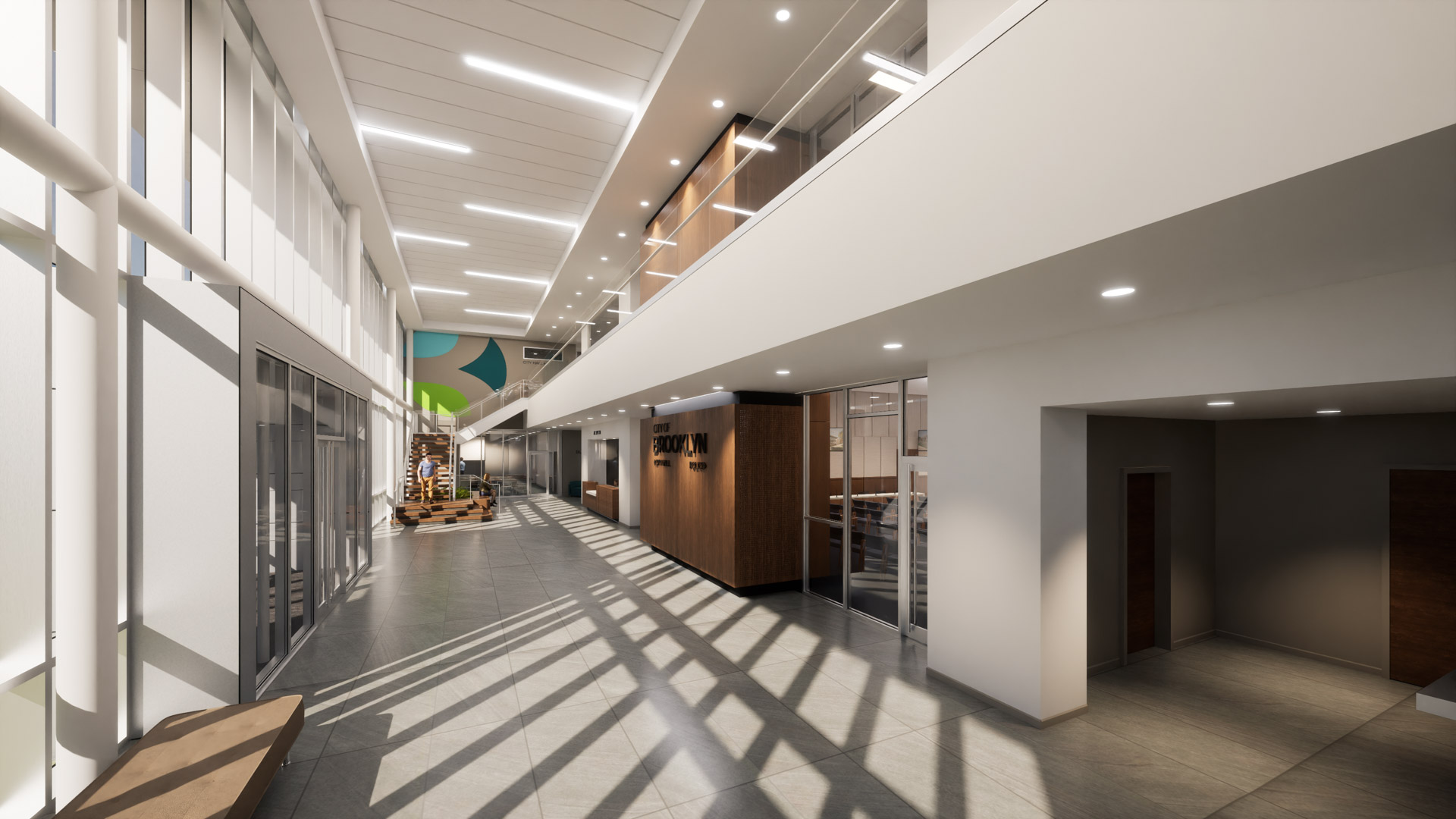 Public double-height lobby and balcony