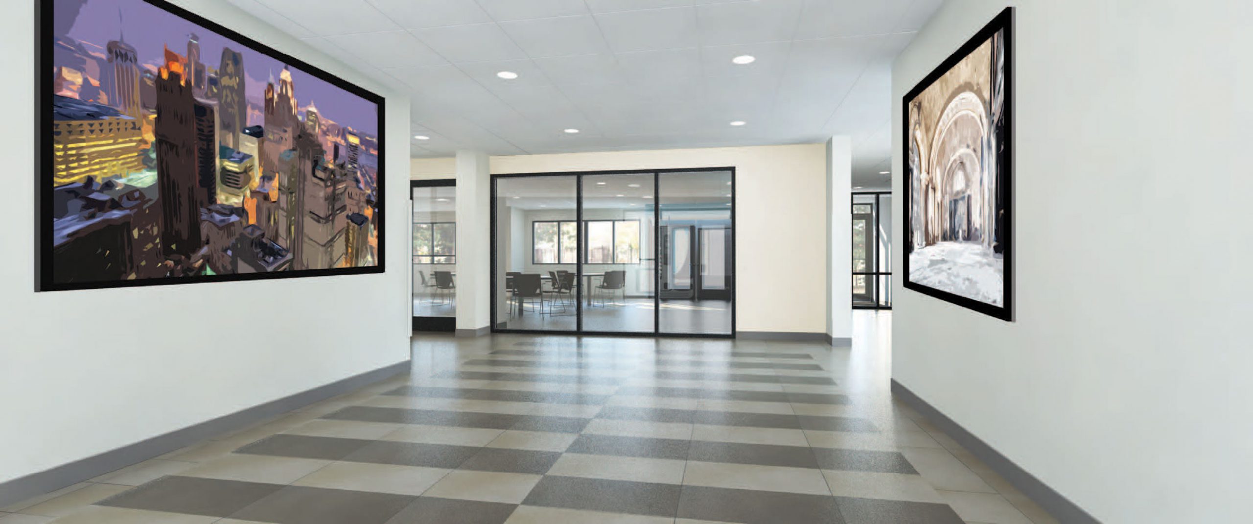 Lobby with view to glass-enclosed community room