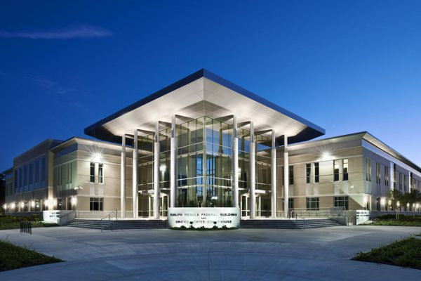 Entry portico at night