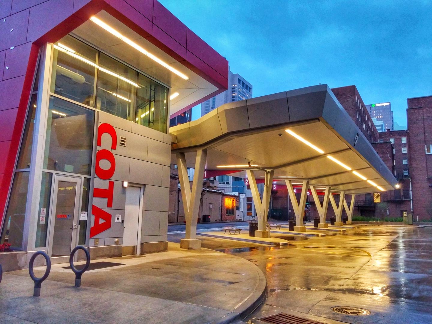 Terminal lobby and bus canopy at night