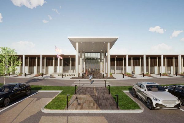 Exterior rendering of entrance to proposed justice center