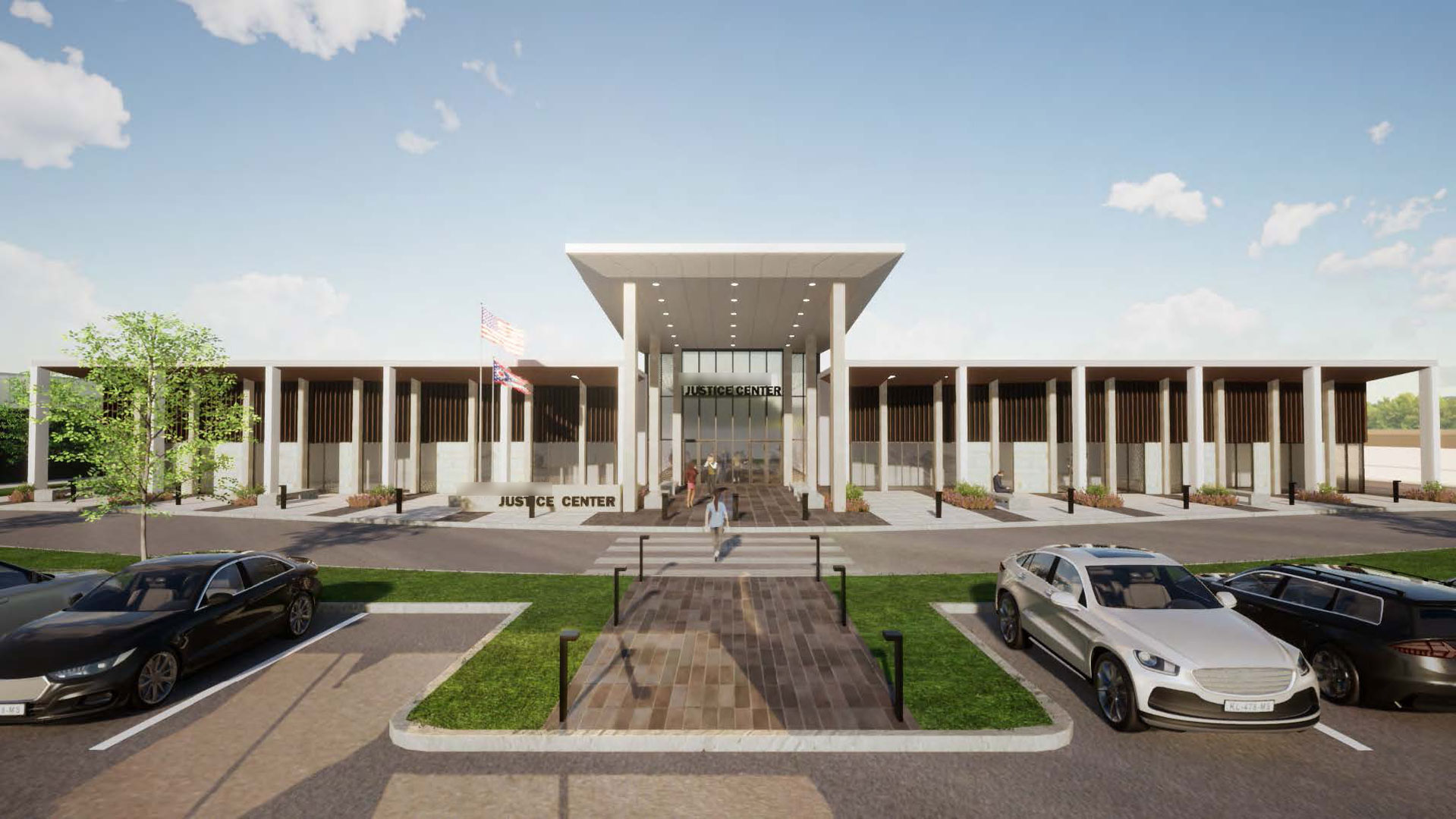 Exterior rendering of entrance to proposed justice center