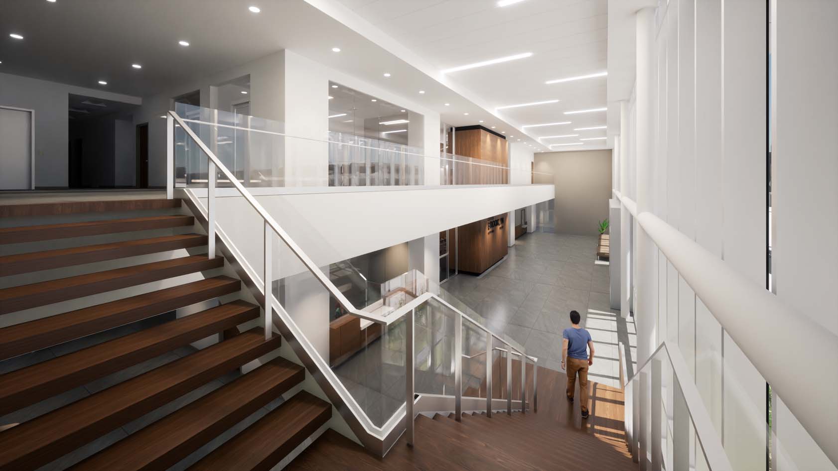 Monumental staircase connecting offices to public lobby