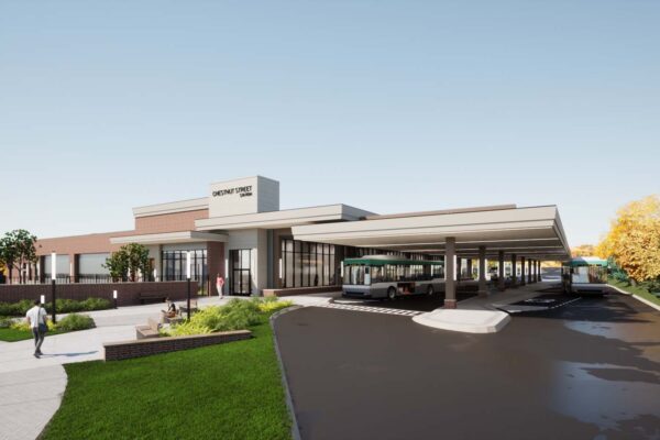 Exterior rendering of portico and main entrance