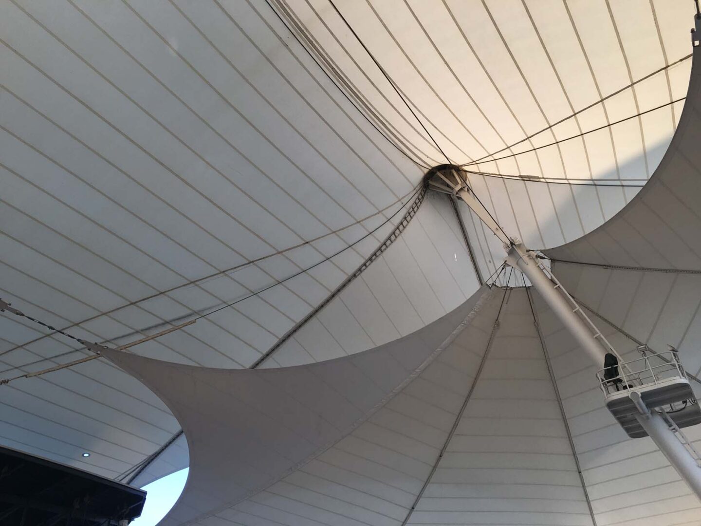 Close-up of tension fabric roof