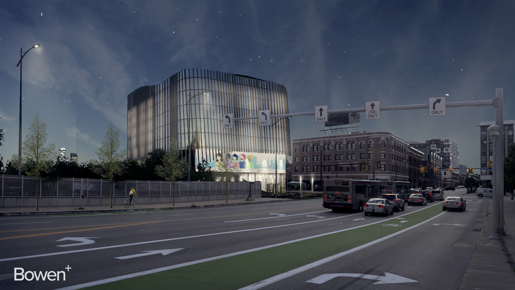 exterior rendering of hotel on busy city street in evening