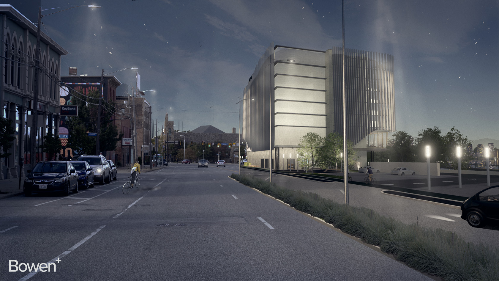 exterior rendering of hotel on busy city street in evening