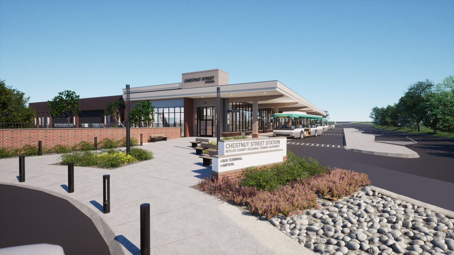 Exterior rendering of portico and main entrance