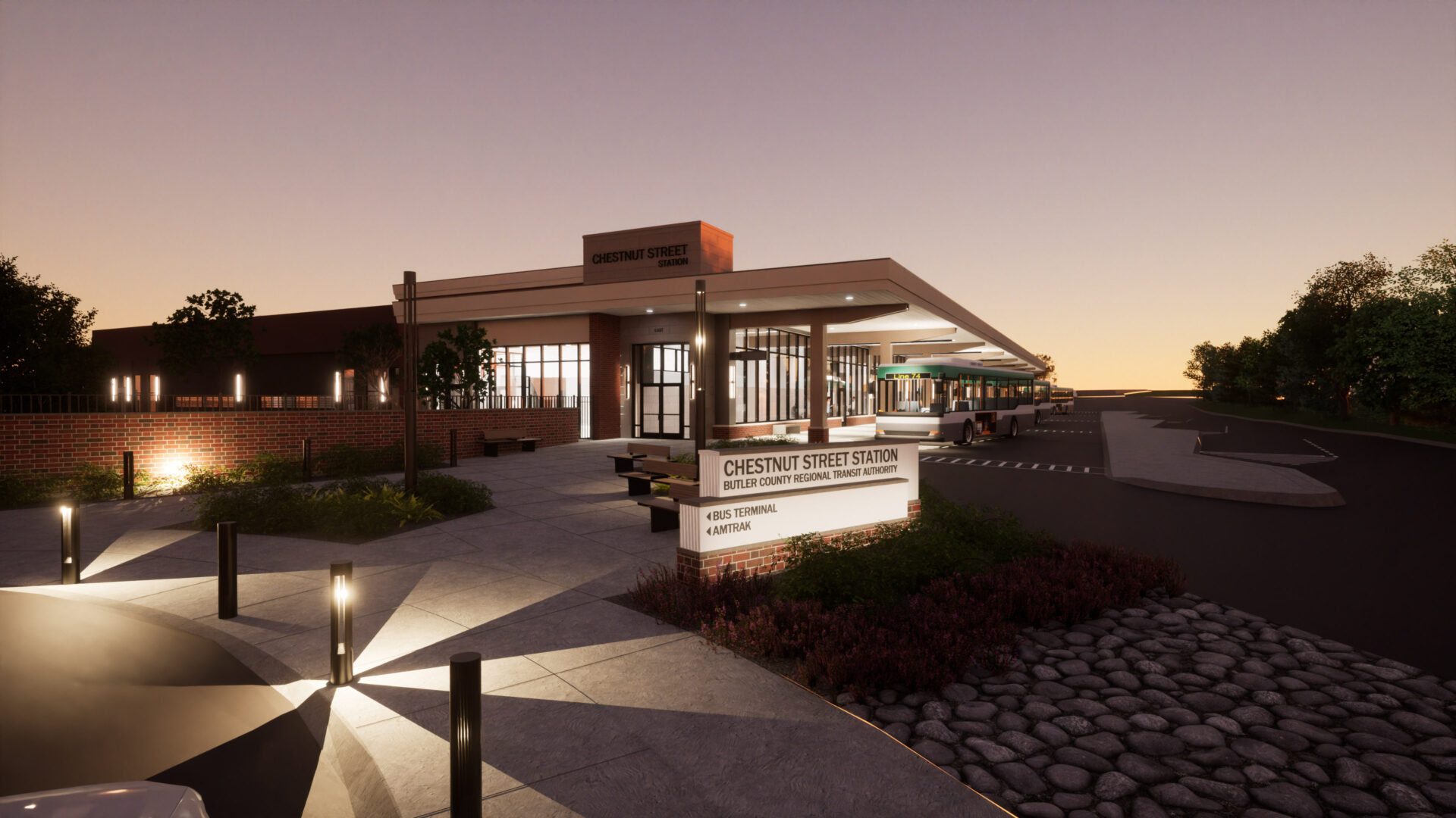 Night time exterior rendering of portico and main entrance