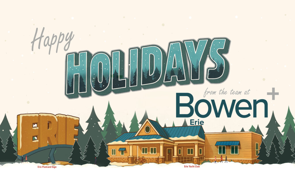 A vintage postcard reading Happy Holidays from Bowen Erie