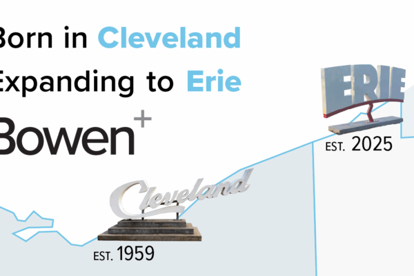 Detail of a map showing northern Ohio and Northwest Pennsylvania. There are public art signs reding "Erie est, 2025" and "Cleveland est. 1959." Text on top reads "Born in Cleveland. Now Expanding to Erie. Bowen."